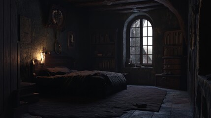 Dimly lit, antique bedroom with a large arched window