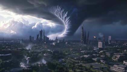 Fototapeta premium Cityscape under a swirling tornado, showcasing dramatic sky and destruction in view