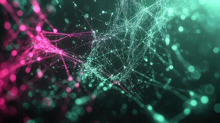 Abstract network of interconnected points and lines in teal and magenta colors