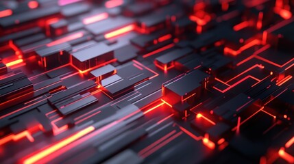 Abstract futuristic circuit board with glowing red lines and dark gray cubes