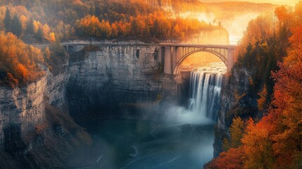 Autumn waterfall bridge landscape, sunrise mist, scenic nature