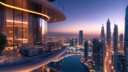 Luxurious penthouse apartment balcony overlooking a vibrant cityscape at dawn