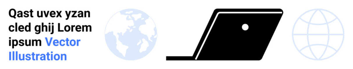 Open laptop beside earth globe and wireframe globe. Ideal for technology, global communication, remote work, online learning, connectivity, digital innovation, abstract line flat metaphor