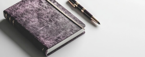 Close-up view of a purple notebook and pen on a white background ideal for creative notes and journaling ideas