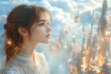 A person with a cardboard box over their head stands before a fantastical cityscape with floating buildings

