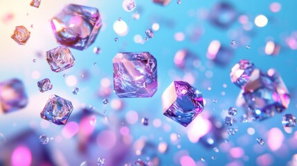 Floating iridescent crystals on blue background