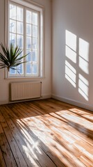 Fototapeta premium Sunlit Empty Room Wooden Floor White Walls Window Light Minimalist Interior Bright S