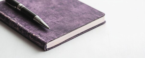 Close-up view of a purple notebook and pen on a white background ideal for creative notes and journaling ideas