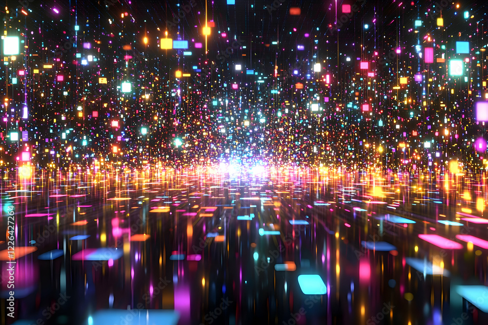 Poster colorful digital space; glowing particles; abstract background; futuristic design; tech visuals