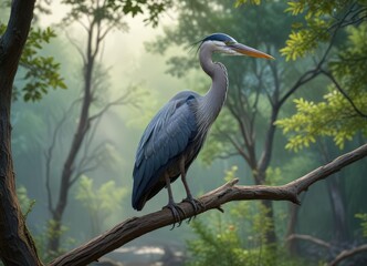 Blue heron perched on a tree branch looking at the surrounding woods, morning atmosphere, blue heron pose