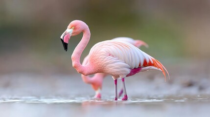 Fototapeta premium Pink flamingos wading in shallow water, wildlife scene, nature background, perfect for travel brochures