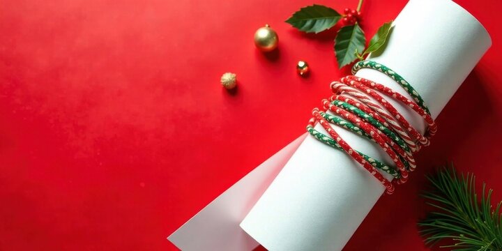 Festive Red Background with White Rolled Paper Adorned with Holiday Rope and Accents