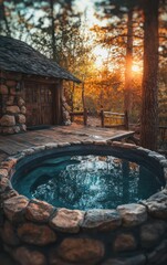 Fototapeta premium Stone hot tub in the forest at sunset.