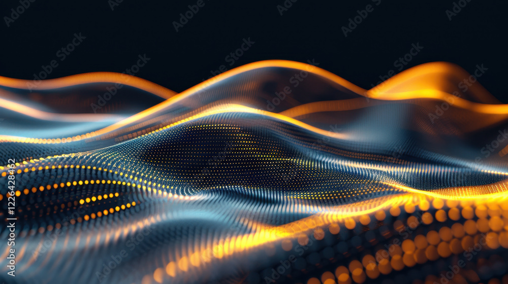 Poster digital waves with glowing orange and blue patterns create mesmerizing visual effect, representing t