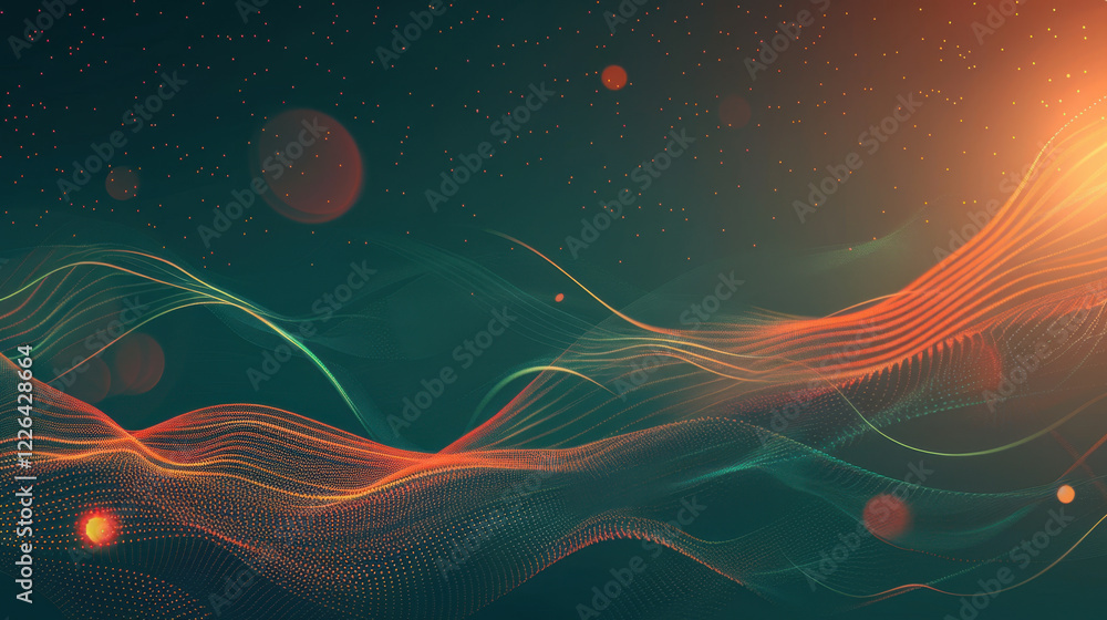 Poster abstract digital waves with glowing lines and particles in vibrant colors, creating dynamic and ener