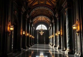 Opulent Grand Hallway with Luxurious Chandeliers and Ornate Ceiling Design, Generative AI
