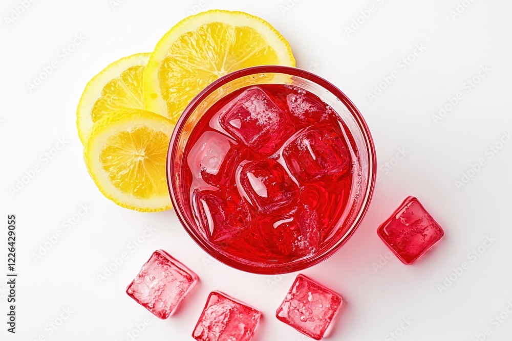 Poster refreshing red drink with ice cubes and lemon slices on a clean white background
