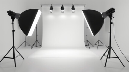 professional photography studio setup featuring softbox lights and seamless backdrop. bright, clean environment is ideal for capturing high quality images