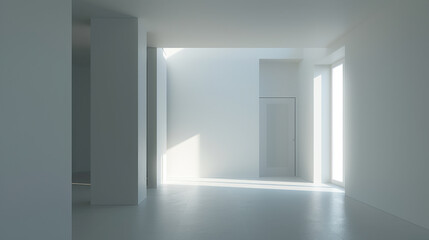 bright, minimalistic interior space with white walls and natural light streaming through large windows, creating serene atmosphere