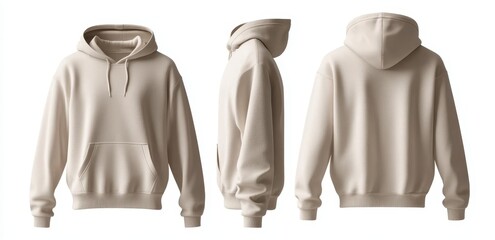 Beige hoodie mockup; front, side, and back views.