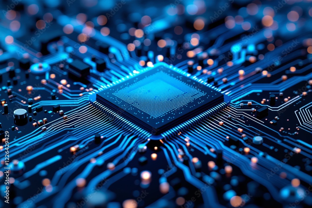 Poster a glowing microchip surrounded by dynamic circuit lines, displayed on a futuristic blue background. 