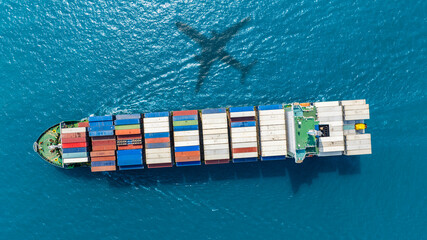 Aerial view of the freight shipping transport system cargo ship container. international...