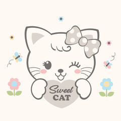 Cute and sweet cat vector illustration with flowers, butterflies, and bees, playful and nature-inspired design