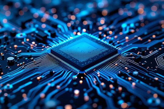 A glowing microchip surrounded by dynamic circuit lines, displayed on a futuristic blue background. Concept of technology and digital innovation. Ai generative