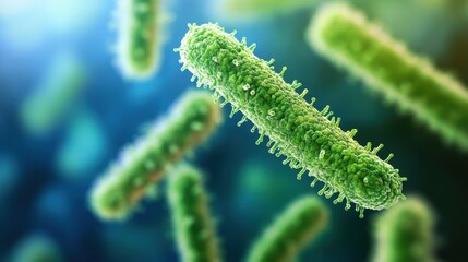 Naklejka premium Microscopic image of rod-shaped bacteria, vibrant green, detailed texture. Illustrates microbiology, disease, or health-related concepts, ideal for scientific visuals.