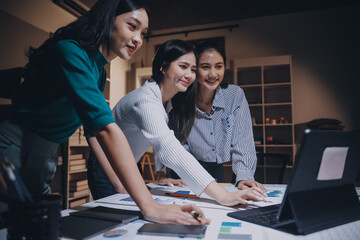 Group of young asian creative business brain storm meeting presentation,discussing roadmap to product launch, planning,strategy,new business development,working with new startup project in office.