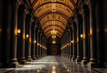 Obraz premium Opulent Grand Hallway with Luxurious Chandeliers and Ornate Ceiling Design, Generative AI