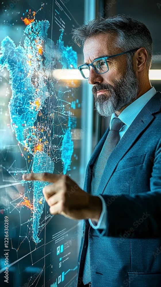 Poster business professional analyzing data insights on digital interface modern office infographic display
