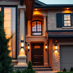 Obraz premium Luxury Brick House Exterior at Night. Modern Home Design, Elegant Facade with Warm Evening Illumination. Real Estate, Residential Property