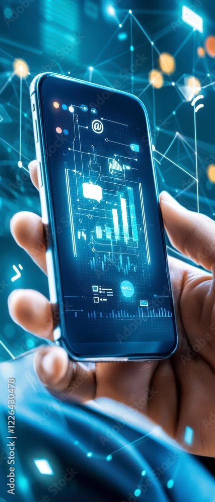 Poster analyzing data trends mobile device digital insights modern office close-up technology innovation