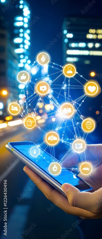 Poster digital interaction with smart devices urban environment technology concept night view connection in