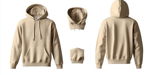 Beige hoodie mockup shown in front, back, and hood views.