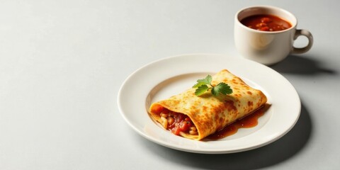 Savory crepe filled with a vibrant tomato and bean mixture, artfully presented on a pristine white plate alongside a cup of rich tomato soup, garnished with fresh herbs.