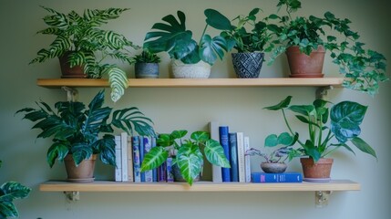 Cozy Home Decor  Plants  Books   Wooden Shelves