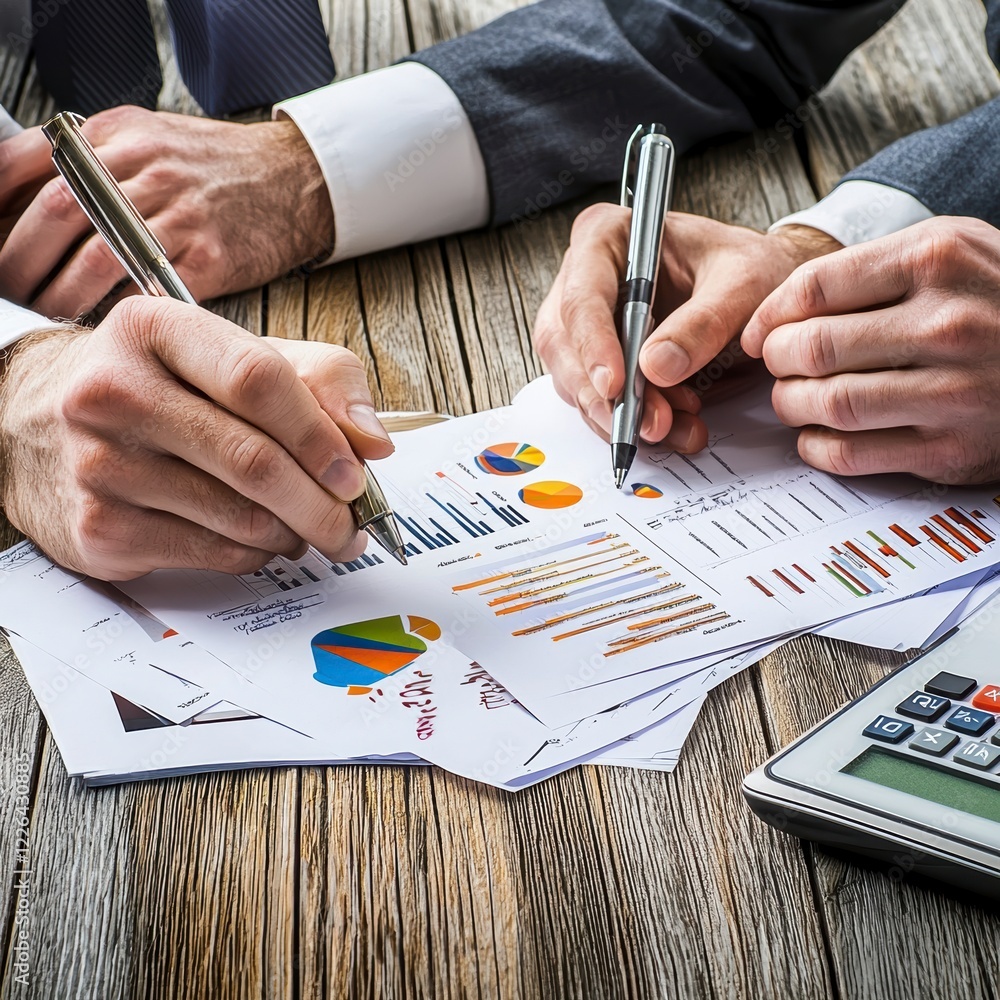 Aufkleber analyzing financial reports office setting business documents professional environment close-up pers