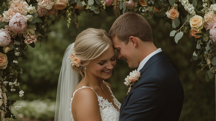 A bride and groom are standing under a flower arch