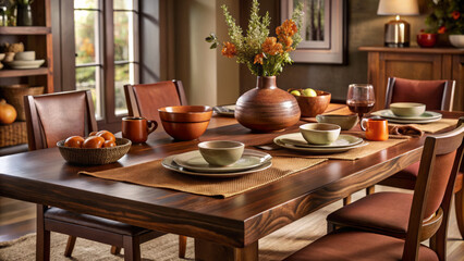 Fototapeta premium warm and inviting kitchen table setting with rustic decor and flowers