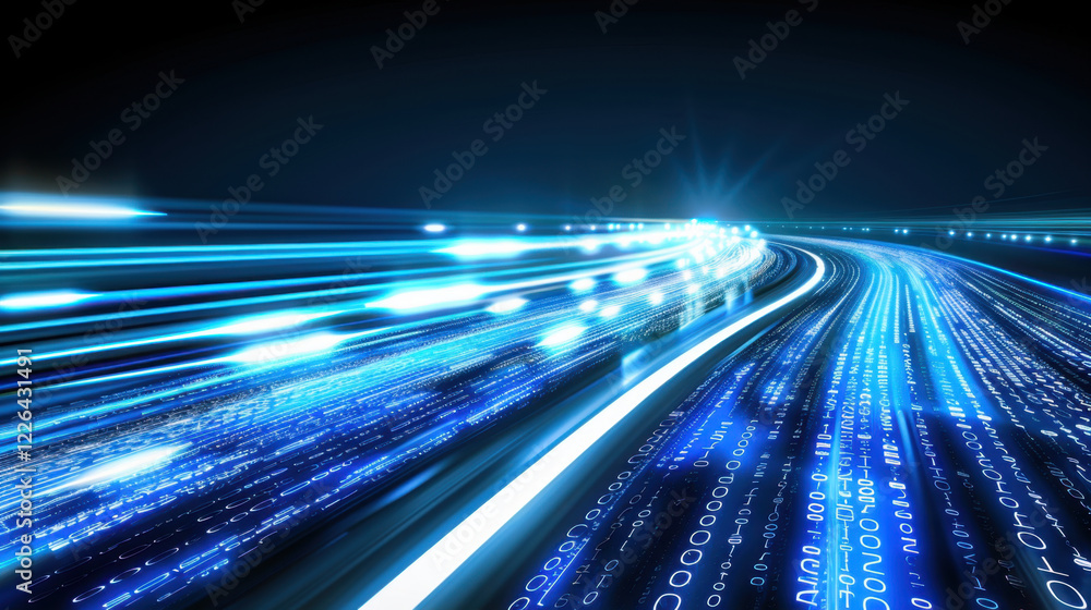 Poster abstract digital background with glowing blue lines and binary code, representing speed and technolo