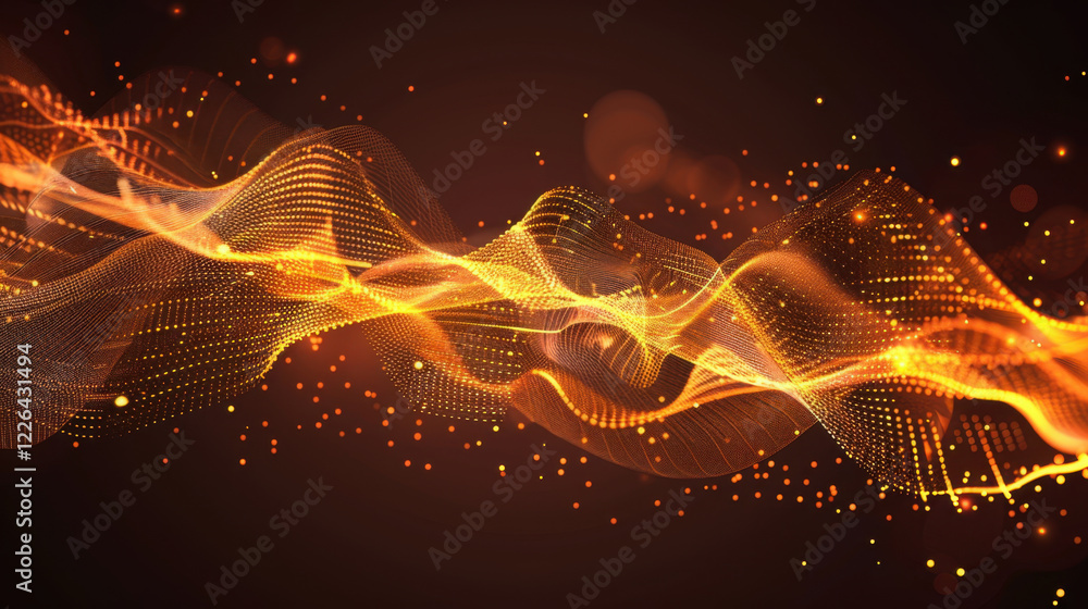 Poster dynamic abstract wave pattern with glowing orange particles and lines