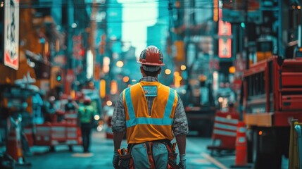 Construction worker walking down a busy city street