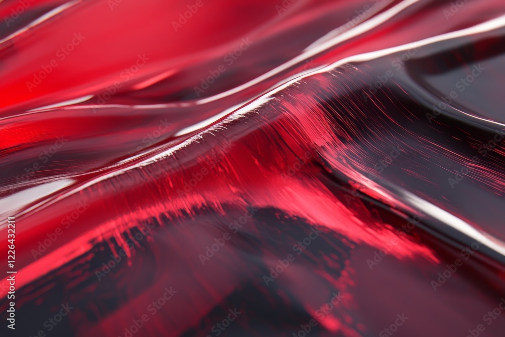 Poster glossy red liquid texture creates an abstract background with waves and folds for creative presentat