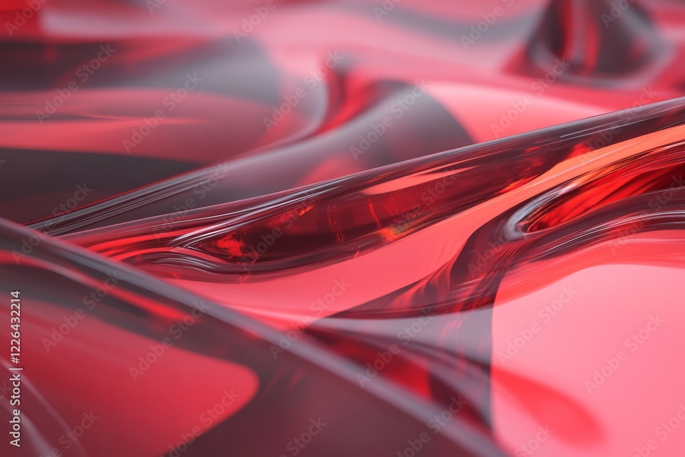 Poster glossy red liquid texture creates an abstract background with waves and folds for creative presentat