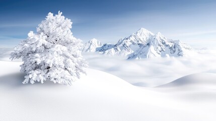 Obraz premium Snowy mountain landscape with frosted tree, winter serenity, travel postcard