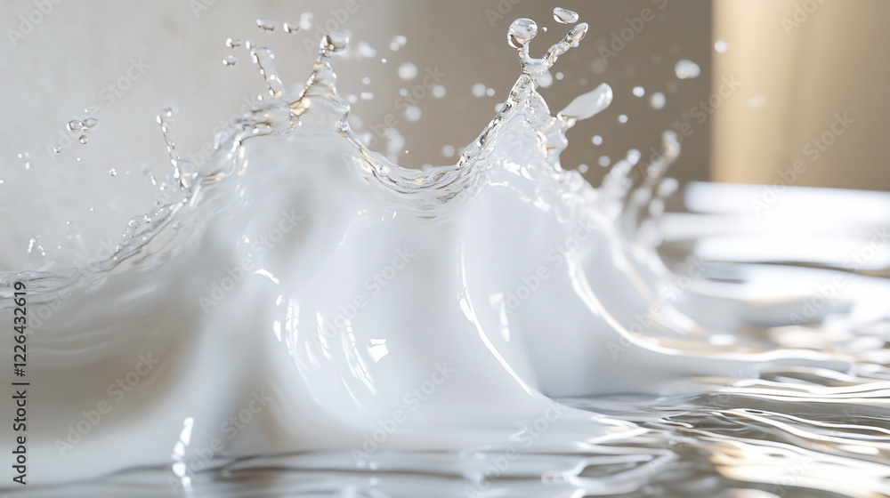 Poster dynamic water splash with droplets frozen in time against a soft neutral backdrop