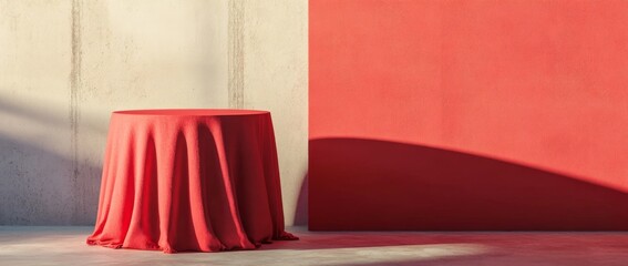 Red tablecloth on podium creates minimalist backdrop for product display in modern interior setting