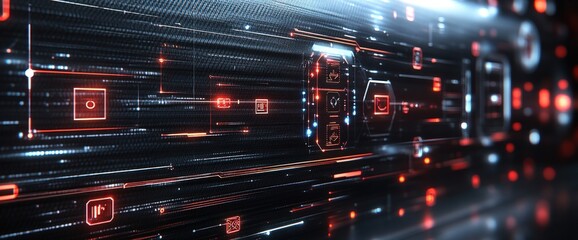 Abstract Digital Data Stream with Red and Orange Glowing Lines on Dark Background